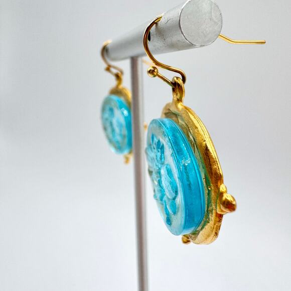 Susan Shaw Venetian Glass Bee Earrings In Aqua 24K Gold Plated Etruscan Style - Picture 2 of 13